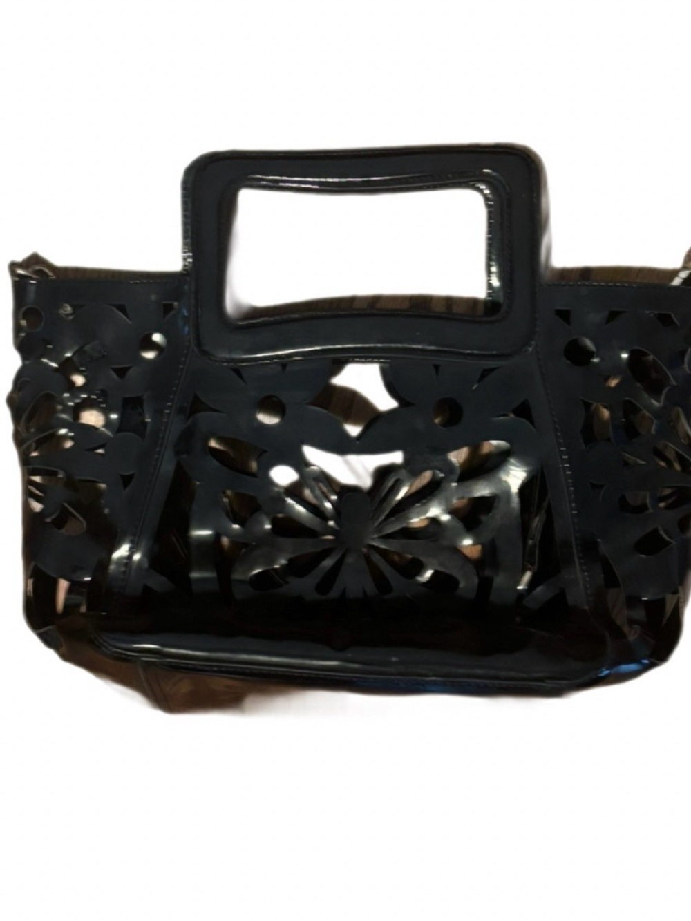 Black Laser Cut-Out Scroll Tote Bag | Butterfly Filigree 2-Way Crossbody